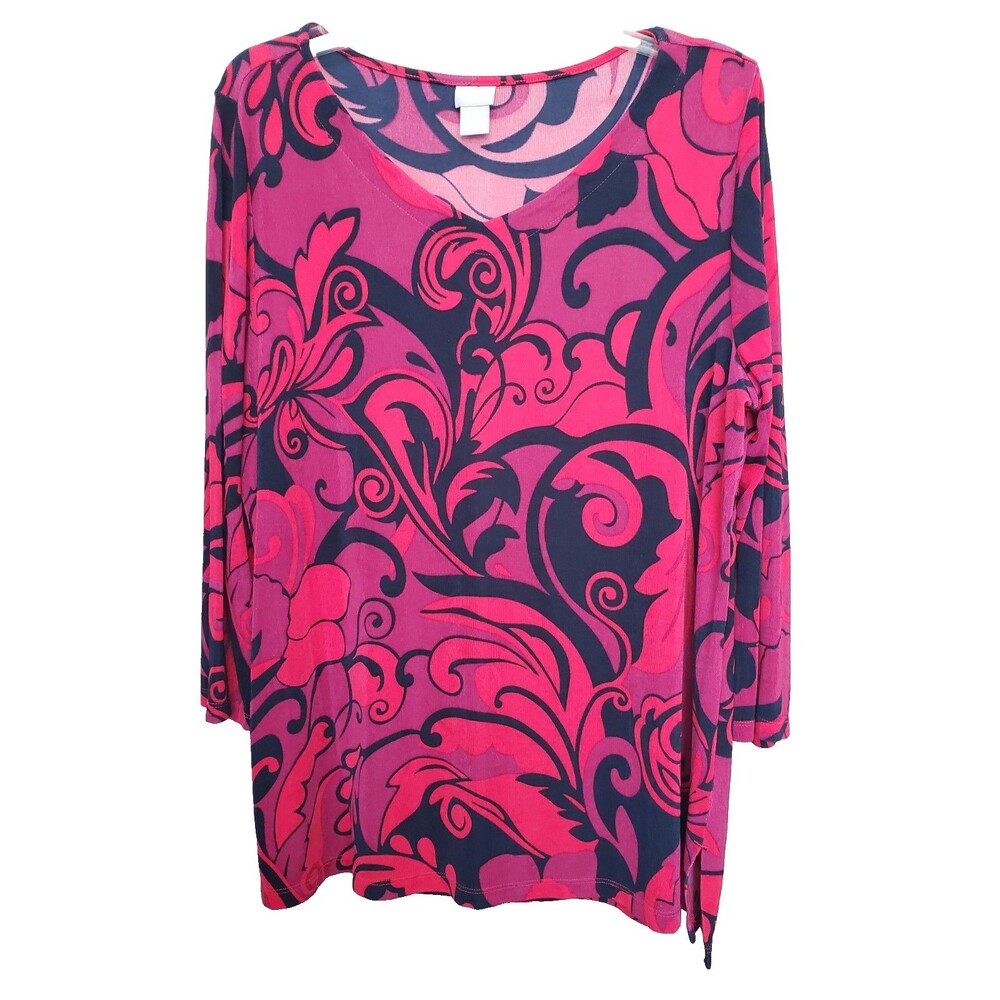 Chicos Travelers Slinky Knit Swirl Print V-Neck 3/4 Sleeve Tunic Size 2 Large